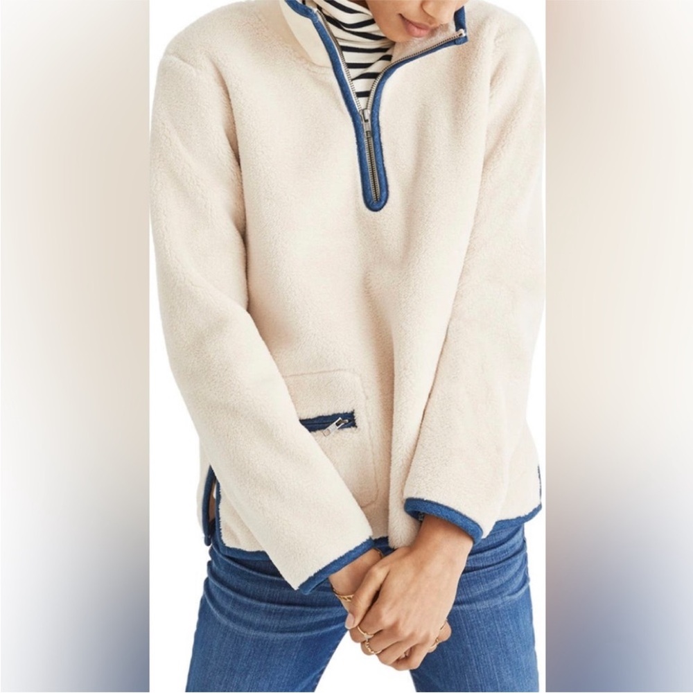 Madewell Zooey Fleece Partial Zip Pullover Sweater Off White Blue XS H3535